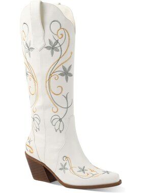 Women's Floral Embroidered White Western Boots with Side Zipper for Concert